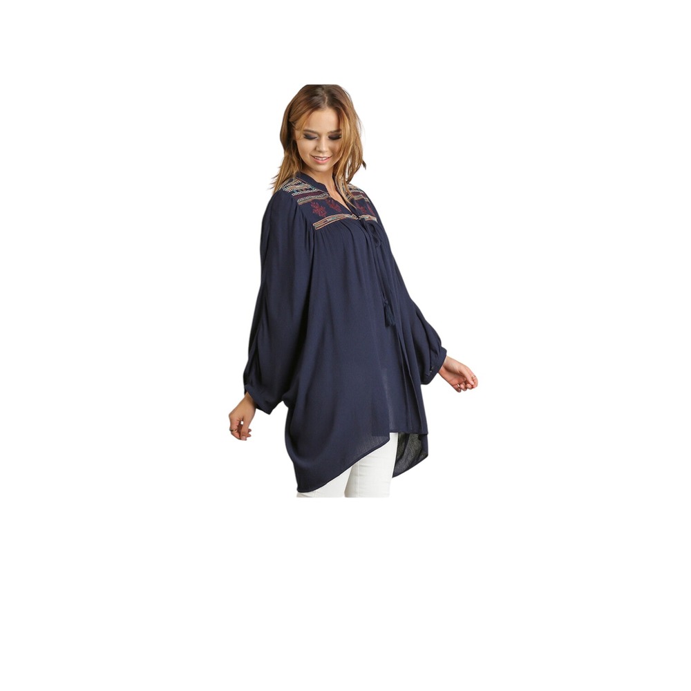 Umgee Embroidered Kimono Open Front Tunic Top Bohemian Navy Blue M - Picture 2 of 6